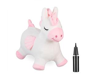 Relaxdays Unicornio Saltarín Hinchable, Saltador, Funda e Hinchador, Máx. 50kg, Sin BPA, Desde 3 Años, Blanco y Rosa