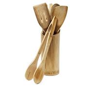 Relaxdays Utensilios Cocina, 7 Unidades 30 cm Largo Bambú, Contendor Incluido, Cuchara Madera Espátula, Color Natural