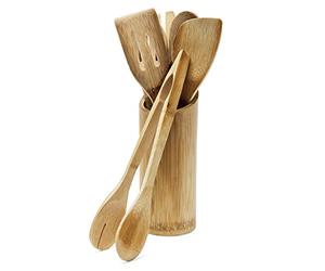 Relaxdays Utensilios Cocina, 7 Unidades 30 cm Largo Bambú, Contendor Incluido, Cuchara Madera Espátula, Color Natural