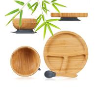 Relaxdays Vajilla para Bebé con Ventosa, 3 Piezas, Plato, Cuenco y Cuchara, Bambú, Plato Dividido Niños, Gris/Natural