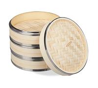 Relaxdays Vaporera Bambú, 3 Pisos, Anillos de Metal, Cesta para Arroz o Verduras, para Comida Asiática, Ø 24 cm, Natural
