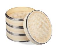 Relaxdays Vaporera de bambú de 3 pisos marrón claro,plata