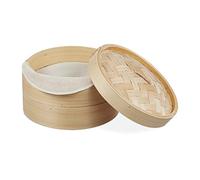 Relaxdays Vaporera de bambú, Dos pisos, Para Dim Sum, Arroz & Verduras, Cestillo, Ø 26 cm, 1 Ud., Marrón