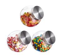 Relaxdays Vasos Botes Cristal, Set 3, 1,5L, Recipiente Caramelos, Alimentos, Mesa Chuches, Tapa Acero Inoxidable, Transparente, 15.5 x 11 x 17 cm