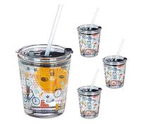 Relaxdays Vasos con Tapa y Pajita, Set de 4, Deportivo, 350 ml, Transparente, Cristal, Batidos, Smoothies, Transparente