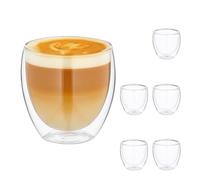 Relaxdays Vasos de Doble Pared para Cappuccino, 6, Vidrio, 250 ml, Aptos para Lavavajillas, Tazas Café, Transparente, 10% Acero Inoxidable 90%, 6er Set
