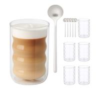 Relaxdays Vasos de Doble Pared para Latte Macchiato, Set 6, Vidrio, Cuchara, Forma Espiral, 350 ml, Café, Transparente, 6 Unidades