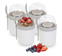 Relaxdays vasos herméticos para muesli y yogur, set de 4, blanco | 3 compartimentos, con cuchara, 400/280 ml, microondas