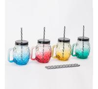 Relaxdays Vasos tapa y pajita, set de 4, 500 ml, diseño piña, tapa roscada, asa, cristal, coloridos