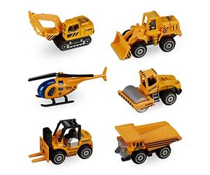 Relaxdays Vehículos Construcción Niños, Set 6 Excavadoras Juguete, Miniconstrucción, Desde 3 Años, Metal, Naranja/Negro