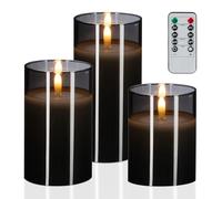 Relaxdays Velas LED de Cristal, Set 3, Mando a Distancia, Temporizador y Llama Parpadeante, Cera Real, sin Fuego, Gris, 10% plástico 20% Vidrio 70%