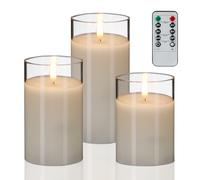 Relaxdays Velas LED de Cristal, Set 3, Mando a Distancia, Temporizador y Llama Parpadeante, Cera Real, sin Fuego, Blanco, 70% 10% plástico 20% Vidrio