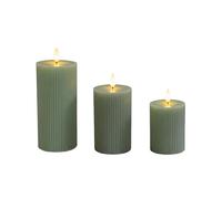 Relaxdays Velas LED en Set de 3 Tonos Variados, Llama Parpadeante, Cera Real, Ranuras, sin Llama, Salvia, 18x7.5x7.5 cm