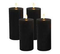 Relaxdays Velas LED, set 4, H x D: 18 x 7,5 cm, llama parpadeante, cera real, diseño estriado, velas sin llama, negras