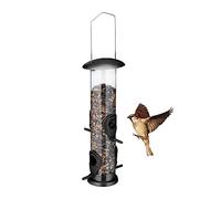 Relaxdays Vogelfutterspender Zum Aufhängen Comedero Aves Colgante Plástico, Dispensador Alimento Pájaros, 4 Agujeros Comer, Especies Silvestres, Negro, Hierro, 42 x 13 x 13 cm