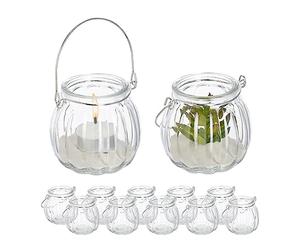 Relaxdays Windlicht Glas 12er Portavelas Cristal, Set de 12, Porta Velas con Asa, 7,5 x 8 cm, Recipientes Vidrio Redondos, Transparente