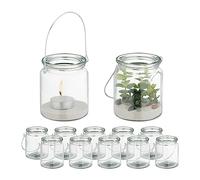 Relaxdays Windlicht Glas 12er Portavelas Cristal, Set de 12, Porta Velas con Asa, 9,5 x 8 cm, Tarros Vidrio Redondos, Transparente/Plateado