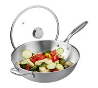 Relaxdays Sartén Wok, 32 cm Ø, Acero Inoxidable Sin Recubrimiento, Tapa de Cristal, Inducción, Gas y Eléctrica, Plateado