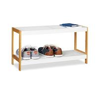 Relaxdays Zapatero con 2 Estantes, Bambú, Tablero DM, Resistente, Blanco y Marrón