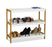 Relaxdays Zapatero con 3 Estantes, Bambú, Tablero DM, Resistente, Blanco y Marrón