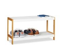 Relaxdays Zapatero con 2 Estantes, Bambú, Tablero DM, Resistente, Blanco y Marrón