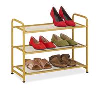 Relaxdays Zapatero, 6 Pares Zapatos, Bambú, 48 x 60 x 25 cm, Soporte Metal Calzado, Estrecho, 3 Baldas, Pasillo, Dorado