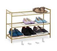 Relaxdays Zapatero Extensible Metal, Mueble Organizador Zapato, 3 Baldas, 9 Pares, Pasillo, Entrada, 50x70x26 cm, Dorado