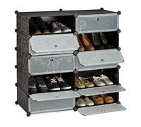 Relaxdays Zapatero Modular con 10 Compartimentos, Plástico, Negro, 90x94x37 cm