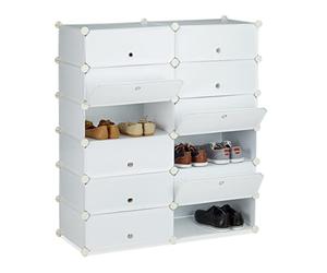 Relaxdays Zapatero XXL con Puertas, Plástico, Blanco, 108x94x37 cm | Sistema de estanterías de 12 compartimentos, (alto x ancho x fondo) 108 x 94 x 37 cm