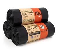 Relevo Bolsas de Basura Negras Profesionales - 70L (Ancho 73 cm × Alto 85 cm), 30 Bolsas (3 Rollos × 10 Bolsas) | Extra Fuertes y Antigoteo | 75 µm (Micras) | 100% LDPE Reciclado