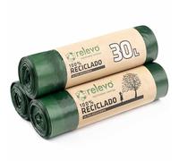 Relevo Bolsas de Basura Verdes con Autocierre - 30L (Ancho 55 cm x Alto 60 cm), 45 Bolsas (3 Rollos × 15 Bolsas) | Bolsas de Basura Extra Fuertes | 100% LDPE Reciclado | Certificado Blue Angel