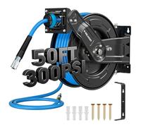 Relhost Carrete de manguera de aire retráctil, manguera de aire híbrida de 65 pies x 1 cm, máximo 300 PSI, carrete de manguera de compresor de aire resistente con brazos dobles, rebobinado automático