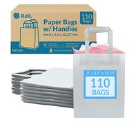 Reli. Bolsas de papel blanco | 110 piezas a granel | 8 x 4.5 x 10.2 pulgadas | Bolsas de papel blanco con asas | Bolsas de regalo de papel kraft / bolsas de compras | Pequeñas bolsas de papel para