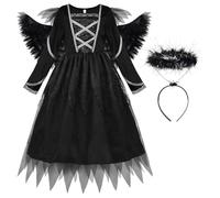 ReliBeauty Disfraz Angel Negro para Niña con Halo y Ala de Ángel