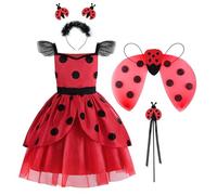 ReliBeauty Disfraz Ladybird para Niñas con Accesorios Vestido de Mariquita Tutú de Lunares Rojos Carnaval, 150