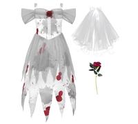 ReliBeauty Disfraz Novia Cadaver Niña 3 a 12 años con Velo y Rosas Halloween Novia de chucky, Blanco,130