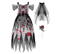 ReliBeauty Disfraz Novia Cadaver Niña 3 a 12 años con Velo y Rosas Halloween Novia de chucky, Negro,110