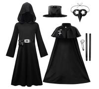 ReliBeauty Disfraz Peste Negra Niño 3 a 14 años 5 Pedazos con Máscara Sombrero Disfraz Medico Plaga Halloween,140