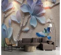Relieve Tridimensional Magnolia Azul Pájaros Volando 3D Papel Pintado Pared Fácil Instalación Oficina Sala Estar Sofá Dormitorio TV Fondos Decoración-300cm×210cm