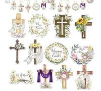 Religious Easter Ornaments Tree - Wooden He Rises Hanging Set, Christian Cross Faith Symbol Decorations, Spring Holiday Scripture Theme Cutout Collection For Small Tree Home Church Party Display