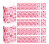 ReliThick 80 bolsas de regalo de papel con lazo de fresa rosa con asas, bolsas de regalo para fiestas de regalo para mujeres y niñas, lindas frutas temáticas de cumpleaños, baby showers, suministros