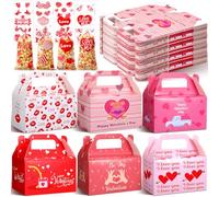 ReliThick Paquete de 80 cajas de regalo para el día de San Valentín con bolsas de celofán de San Valentín, cajas de regalo para el día de San Valentín, bolsas de golosinas, cajas de galletas para