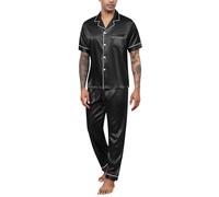 Reliwel Conjunto de Pijama de Satén para Hombre Corto con Botones Pijama Hombre Invierno Manga Corta y Pantalones Largos Otoño y Invierno Seda Ropa de Descanso Conjuntos de 2 Piezas S-XXL