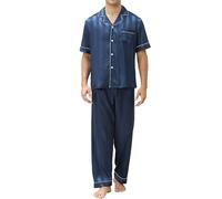 Reliwel Conjunto de Pijama de Satén para Hombre Corto con Botones Pijama Hombre Invierno Manga Corta y Pantalones Largos Otoño y Invierno Seda Ropa de Descanso Conjuntos de 2 Piezas S-XXL