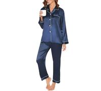 Reliwel Conjunto de Pijama Seda Mujer 2 Piezas Manga Larga con Botones Ropa de Dormir Satén Ropa de Noche Largo Pantalón Pijama Botones Mujer Loungewear S~XXL