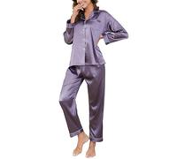 Reliwel Conjunto de Pijama Seda Mujer 2 Piezas Manga Larga con Botones Ropa de Dormir Satén Ropa de Noche Largo Pantalón Pijama Botones Mujer Loungewear S~XXL