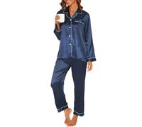 Reliwel Conjunto de Pijama Seda Mujer 2 Piezas Manga Larga con Botones Ropa de Dormir Satén Ropa de Noche Largo Pantalón Pijama Botones Mujer Loungewear S~XXL
