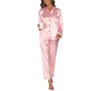 Reliwel Conjunto de Pijama Seda Mujer 2 Piezas Manga Larga con Botones Ropa de Dormir Satén Ropa de Noche Largo Pantalón Pijama Botones Mujer Loungewear S~XXL