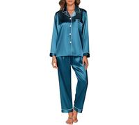 Reliwel Conjunto de Pijama Seda Mujer 2 Piezas Manga Larga con Botones Ropa de Dormir Satén Ropa de Noche Largo Pantalón Pijama Botones Mujer Loungewear S~XXL