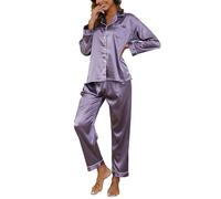 Reliwel Conjunto de Pijama Seda Mujer 2 Piezas Manga Larga con Botones Ropa de Dormir Satén Ropa de Noche Largo Pantalón Pijama Botones Mujer Loungewear S~XXL